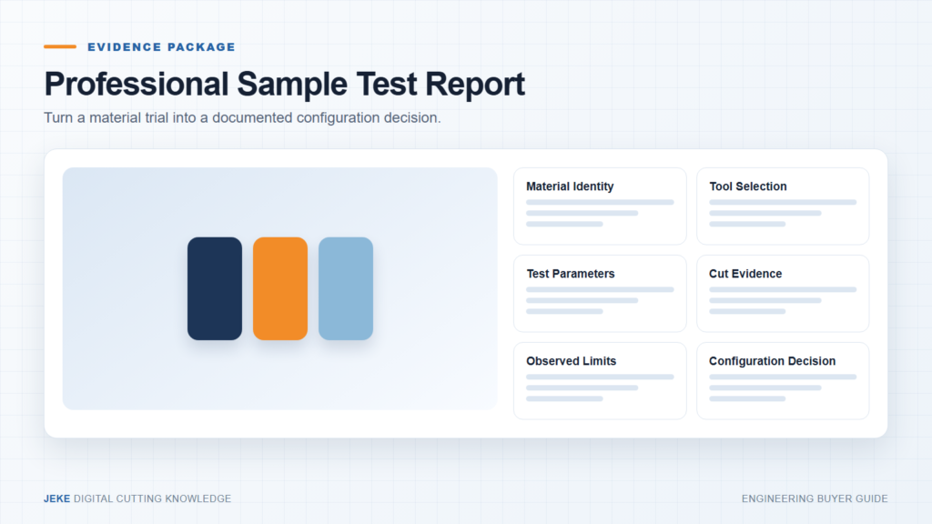 CNC cutting sample test report with material evidence and configuration decision