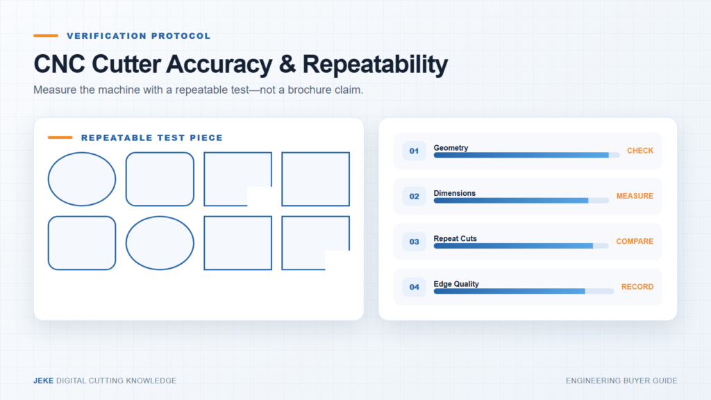 CNC cutter accuracy test with repeated geometry and measurement checks